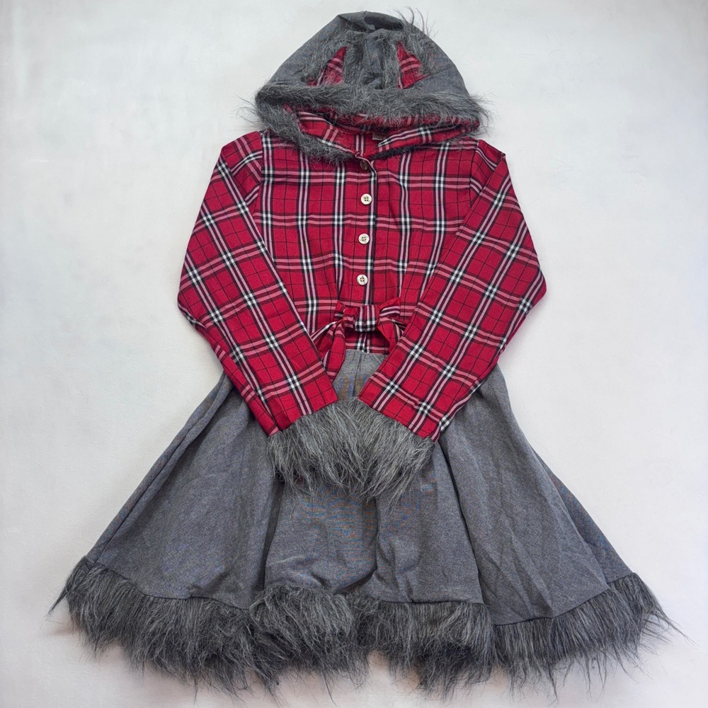 Spirit Wolf Plaid Hooded Dress Costume Faux Fur Trim Faux Fur Trim Size Large